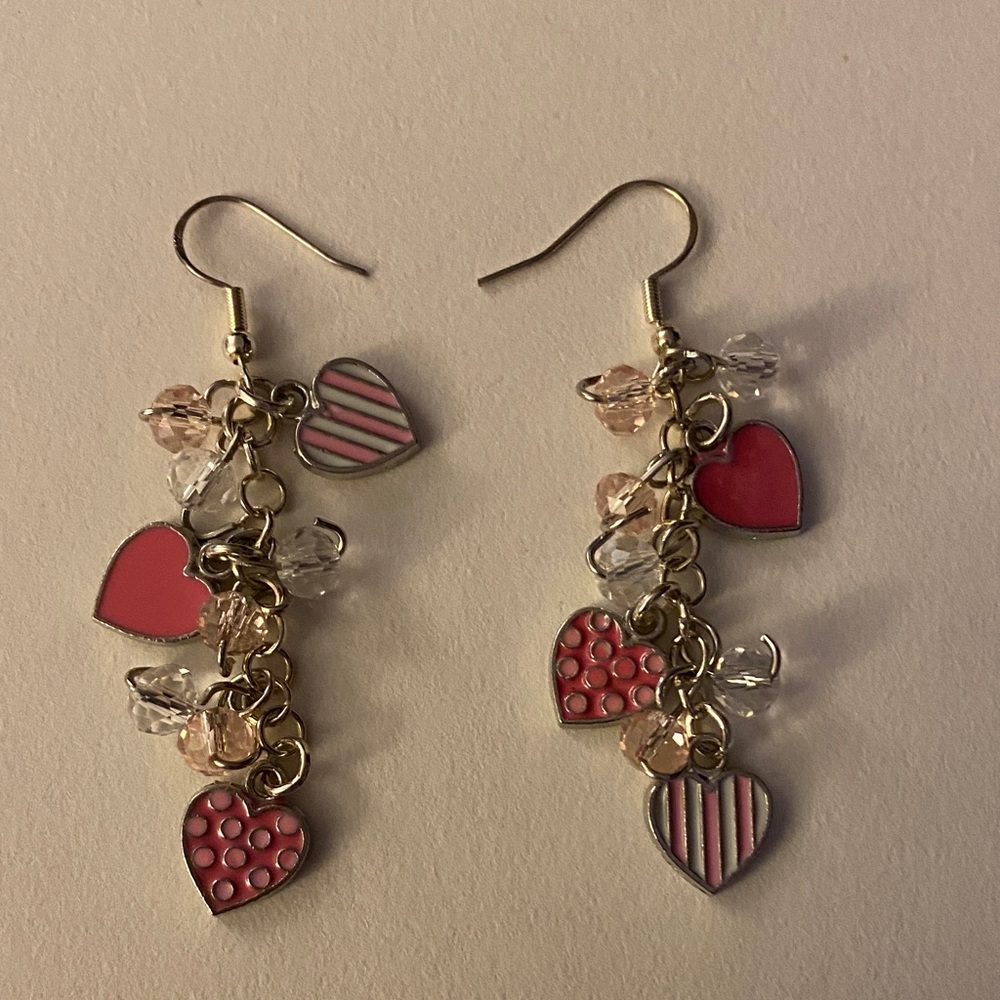 Heart Charm Dangle Earrings - Pink and silver